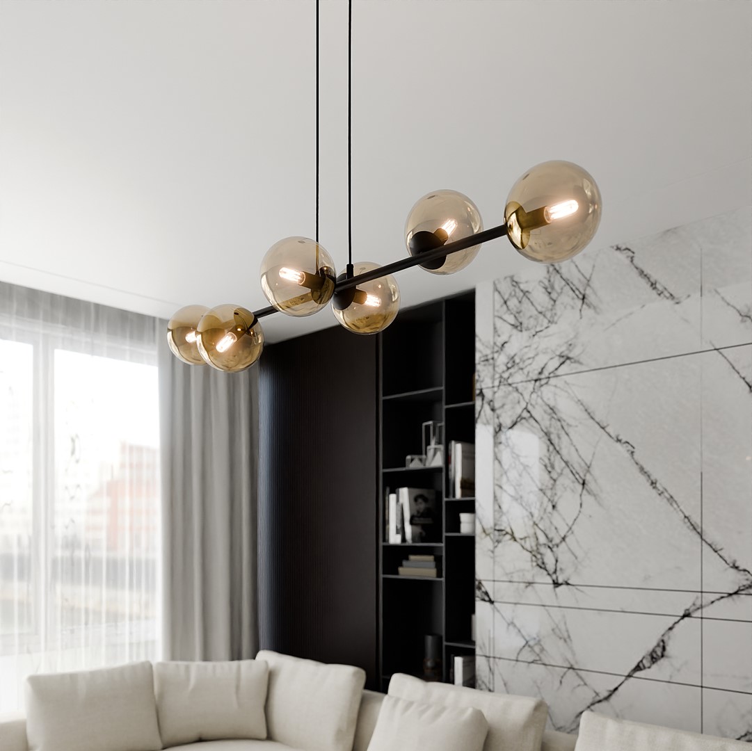 Rostin Pendant Light, 6 Lamp, Amber Glass, Black, 110cm — view 2