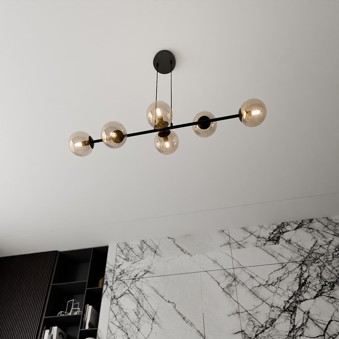 Rostin Pendant Light, 6 Lamp, Amber Glass, Black, 110cm — view 3