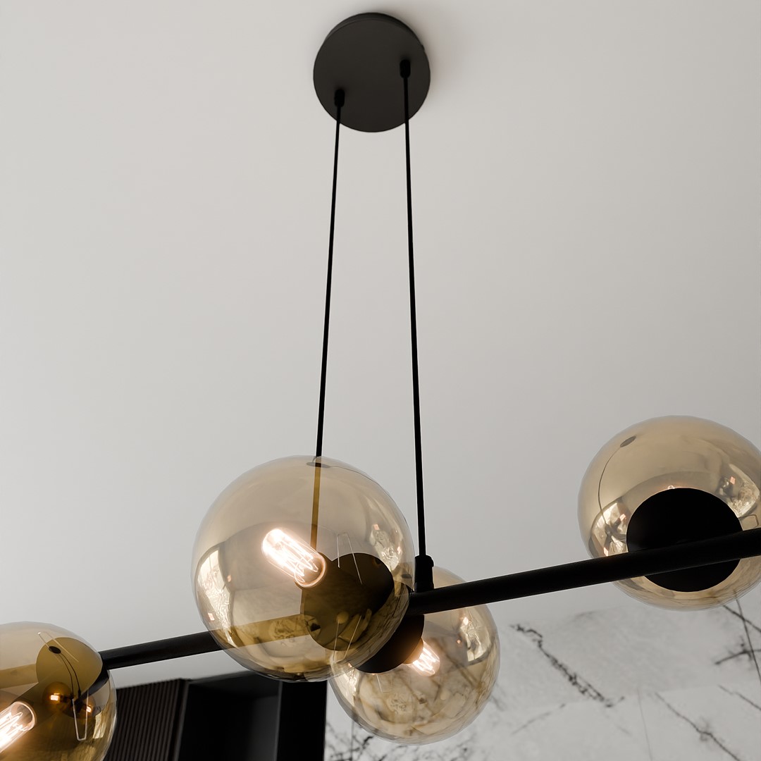 Rostin Pendant Light, 6 Lamp, Amber Glass, Black, 110cm — view 4