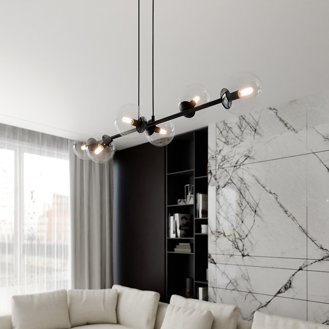 Rostin 6 Light Pendant Lamp, Black, Clear Glass, 110cm — view 2