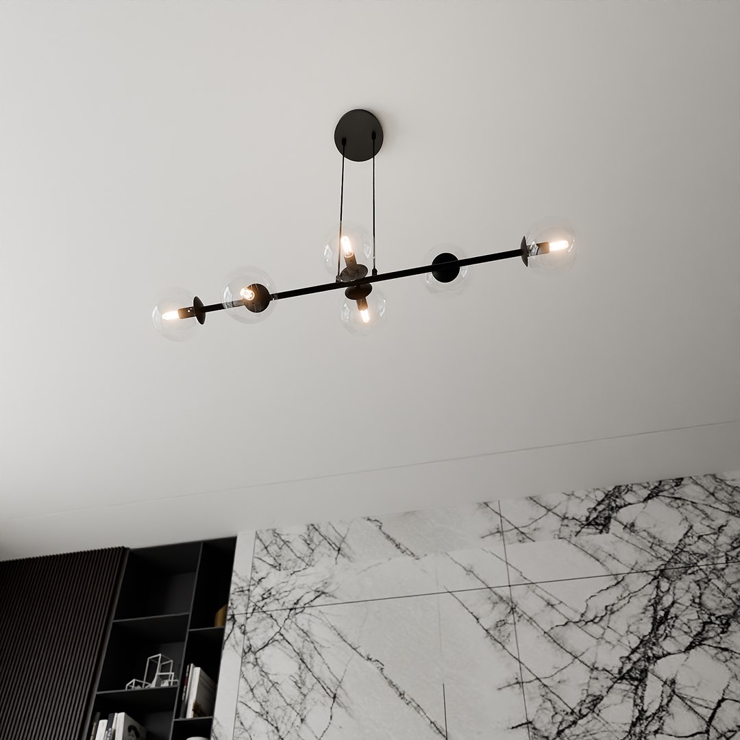 Rostin 6 Light Pendant Lamp, Black, Clear Glass, 110cm — view 3