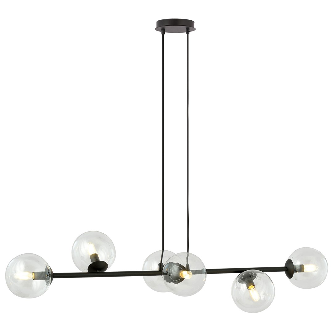 Rostin 6 Light Pendant Lamp, Black, Clear Glass, 110cm