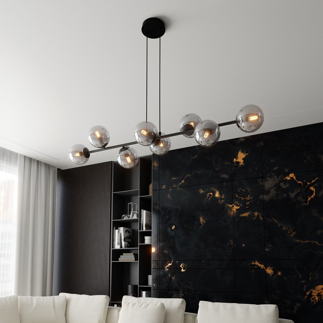 Rostin Pendant Light, Grey Glass, Black, Linear 8 Lamp, 130cm — view 2
