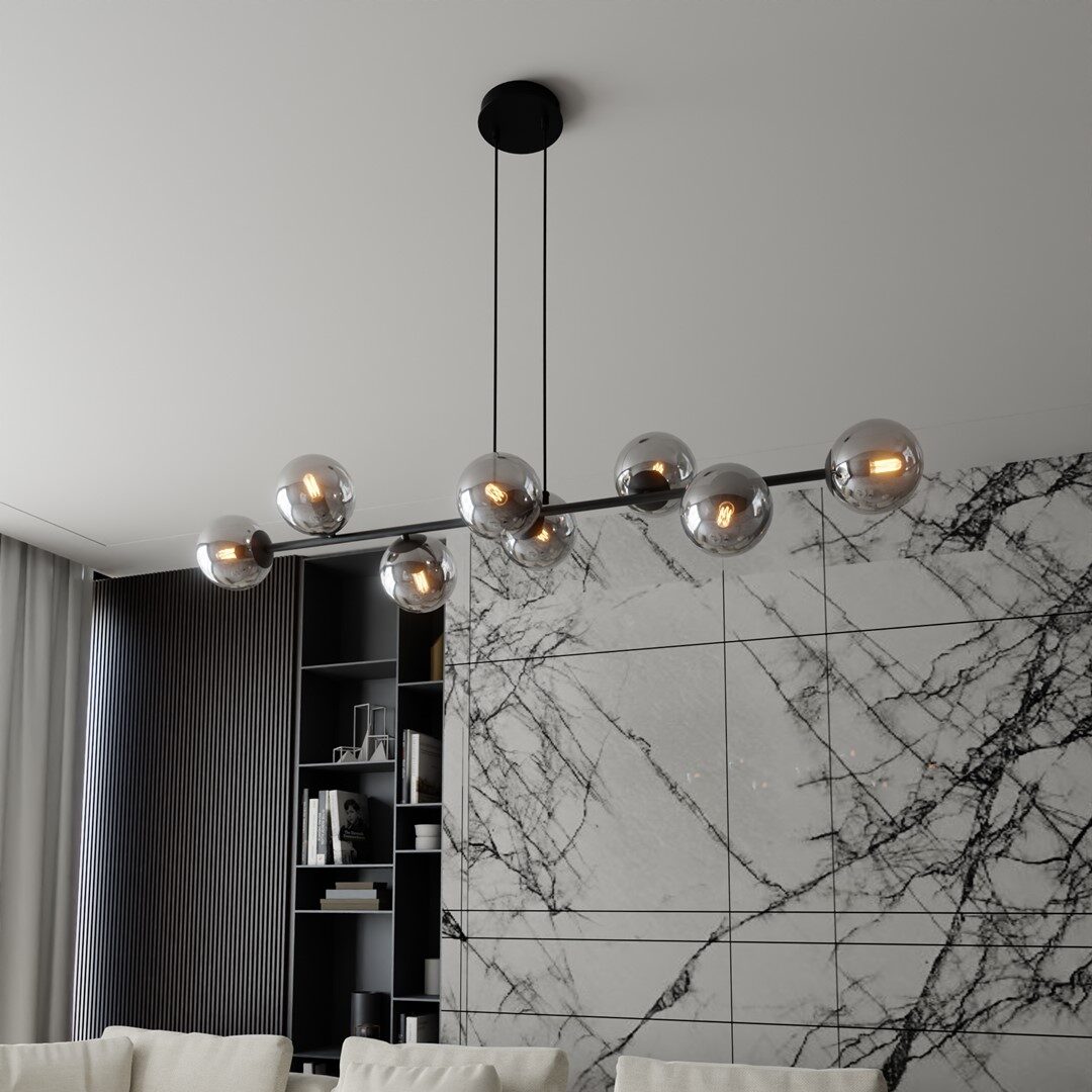 Rostin Pendant Light, Grey Glass, Black, Linear 8 Lamp, 130cm — view 3