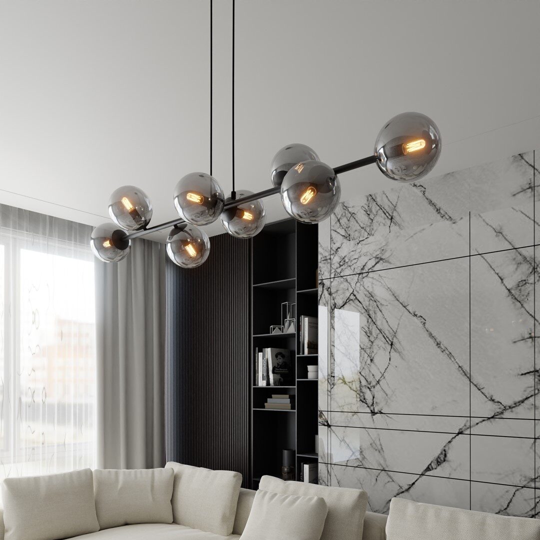 Rostin Pendant Light, Grey Glass, Black, Linear 8 Lamp, 130cm — view 4
