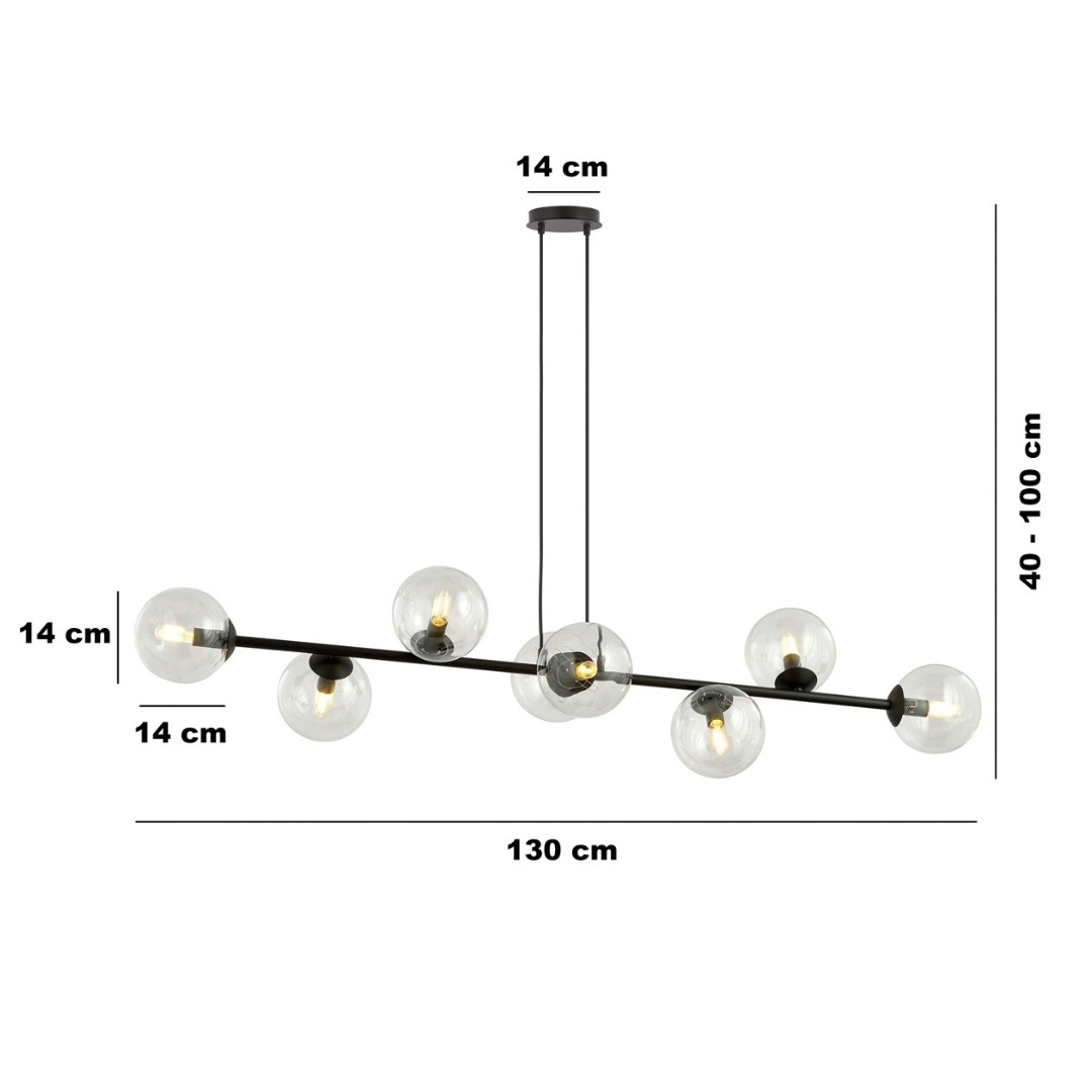 Rostin 8 Lamp Pendant Light, Black, Clear Glass, 130cm — view 3