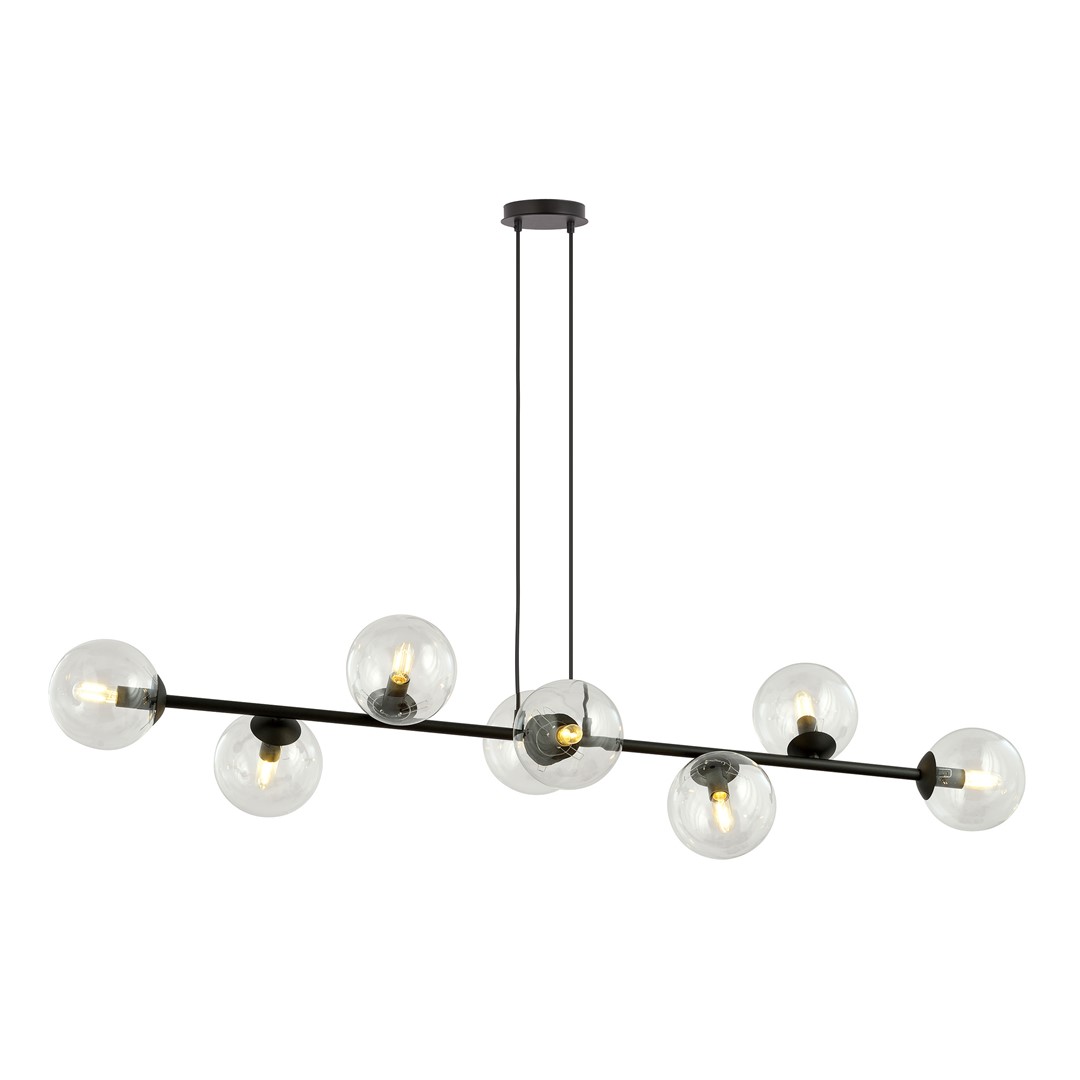 Rostin 8 Lamp Pendant Light, Black, Clear Glass, 130cm