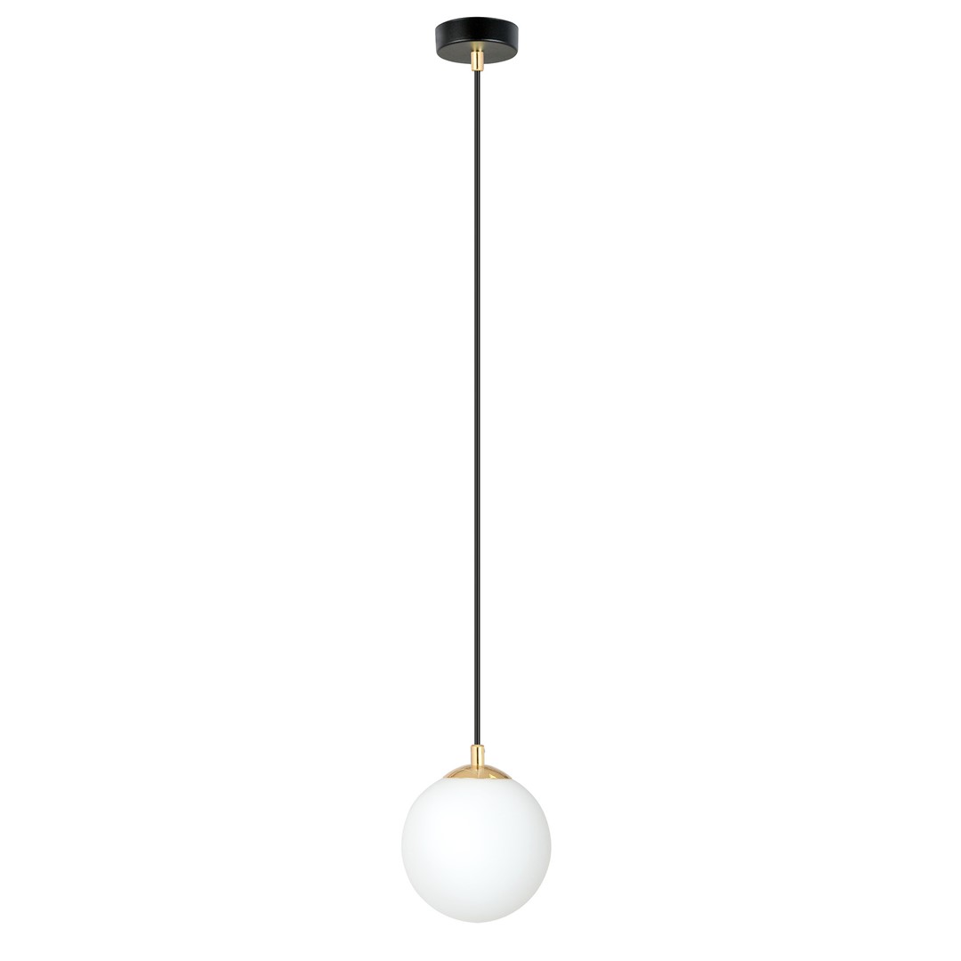 Ryell Single Pendant Lamp, Black, Gold, Opal Glass, 14cm