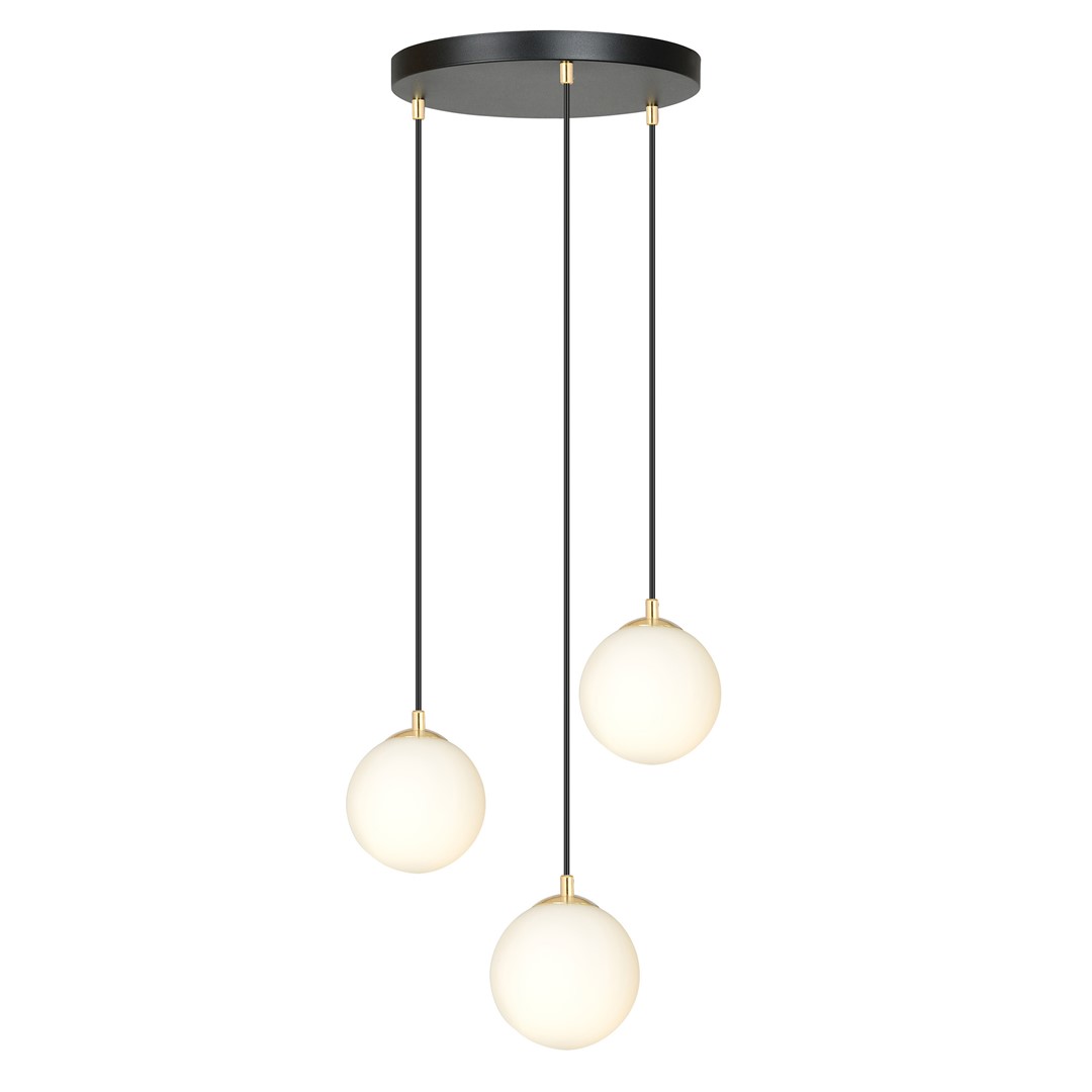 Ryell 3 Light Pendant Lamp, Black, Gold, Opal Glass, 40cm — view 4