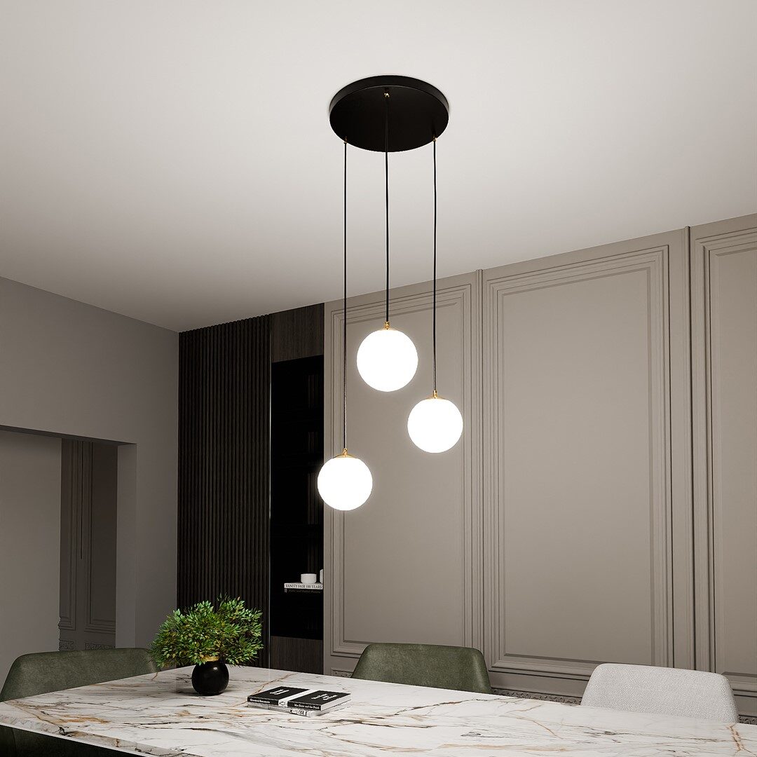 Ryell 3 Light Pendant Lamp, Black, Gold, Opal Glass, 40cm — view 3