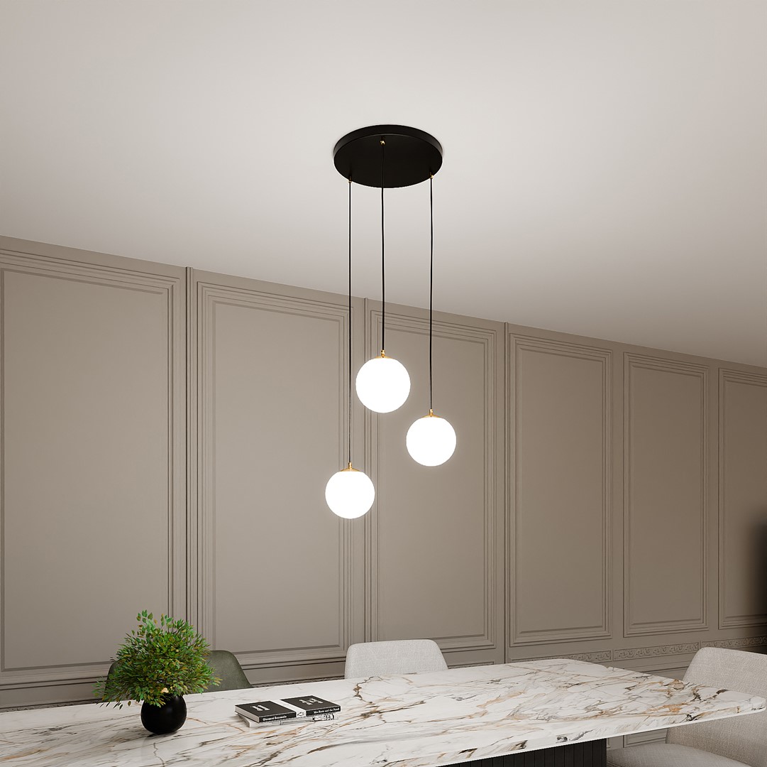 Ryell 3 Light Pendant Lamp, Black, Gold, Opal Glass, 40cm — view 2