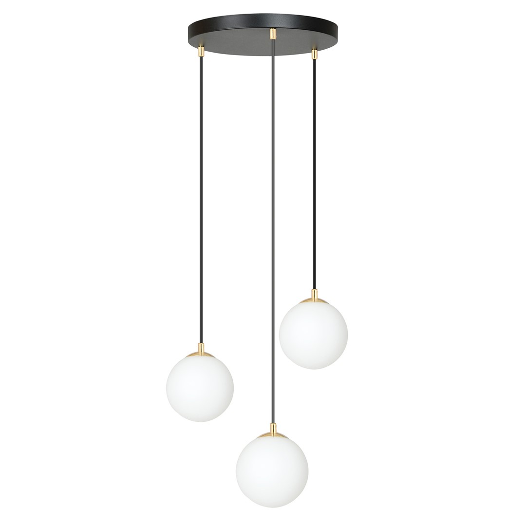 Ryell 3 Light Pendant Lamp, Black, Gold, Opal Glass, 40cm