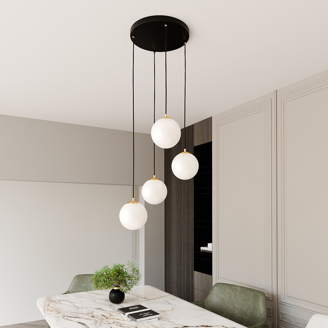 Ryell 4 Light Pendant Lamp, Black, Gold, Opal Glass, 40cm — view 2