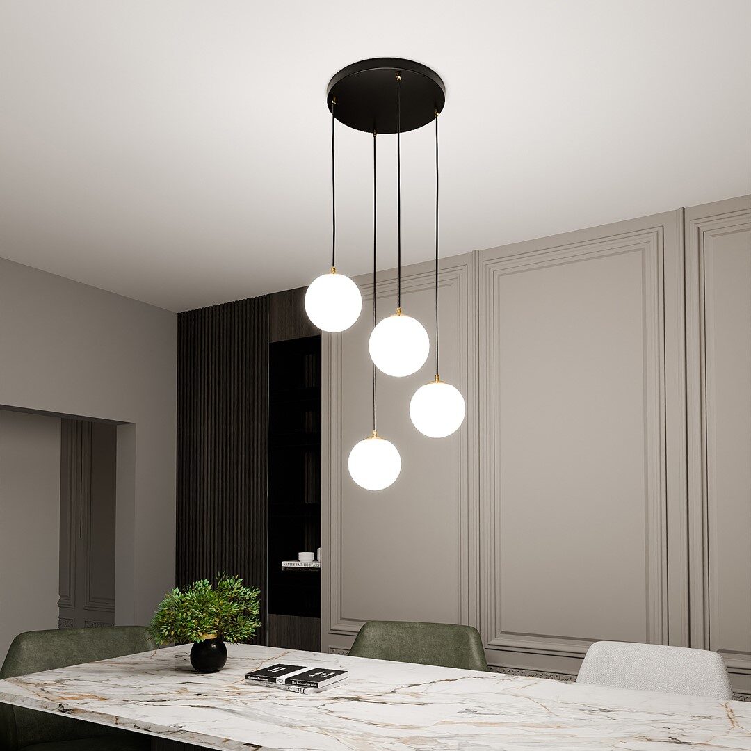 Ryell 4 Light Pendant Lamp, Black, Gold, Opal Glass, 40cm