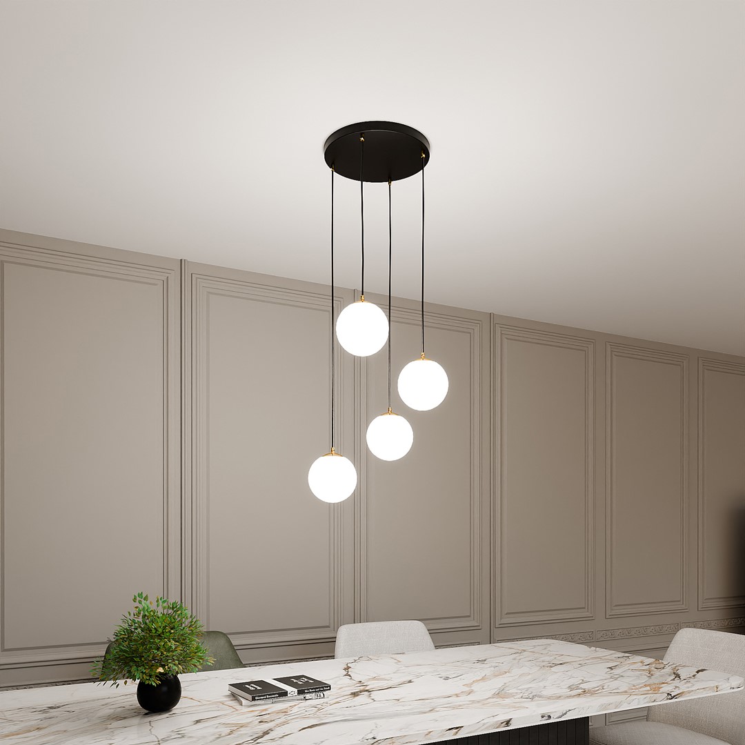 Ryell 4 Light Pendant Lamp, Black, Gold, Opal Glass, 40cm — view 3