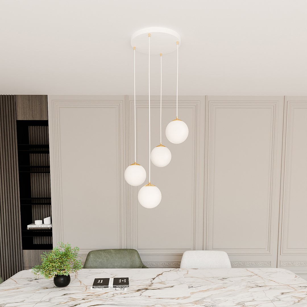Ryell 4 Light Pendant Lamp, White, Opal Glass, 40cm
