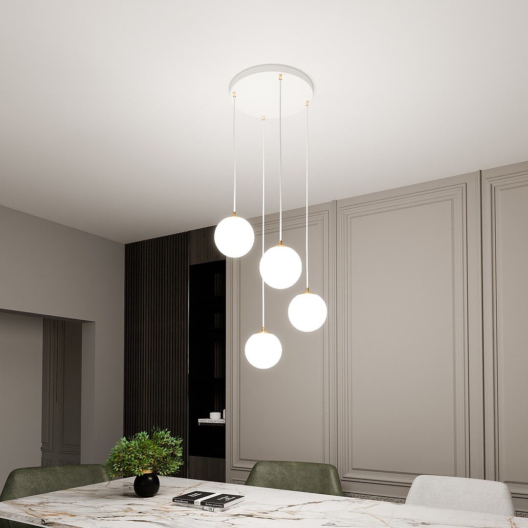Ryell 4 Light Pendant Lamp, White, Opal Glass, 40cm — view 2