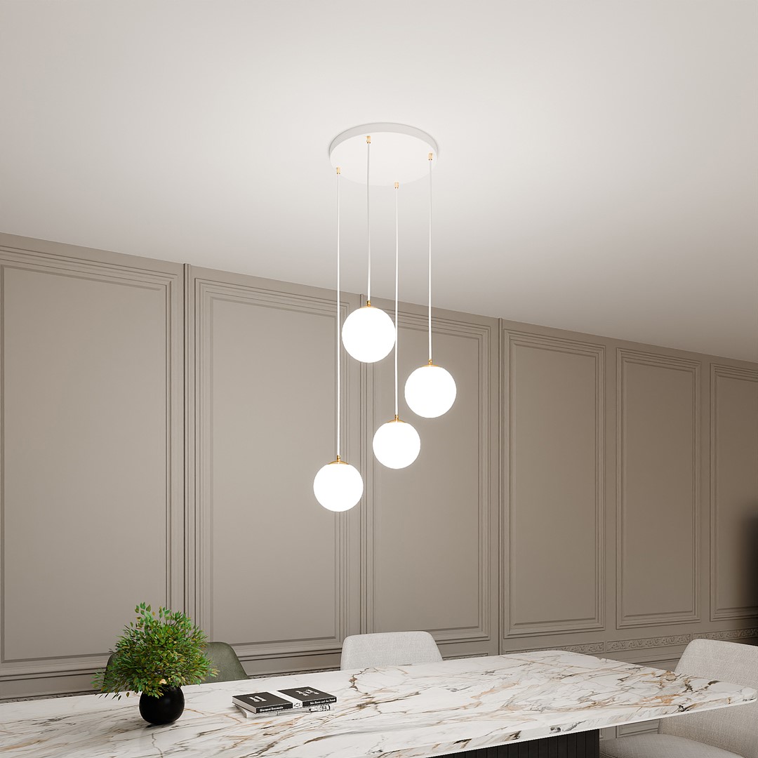 Ryell 4 Light Pendant Lamp, White, Opal Glass, 40cm — view 3