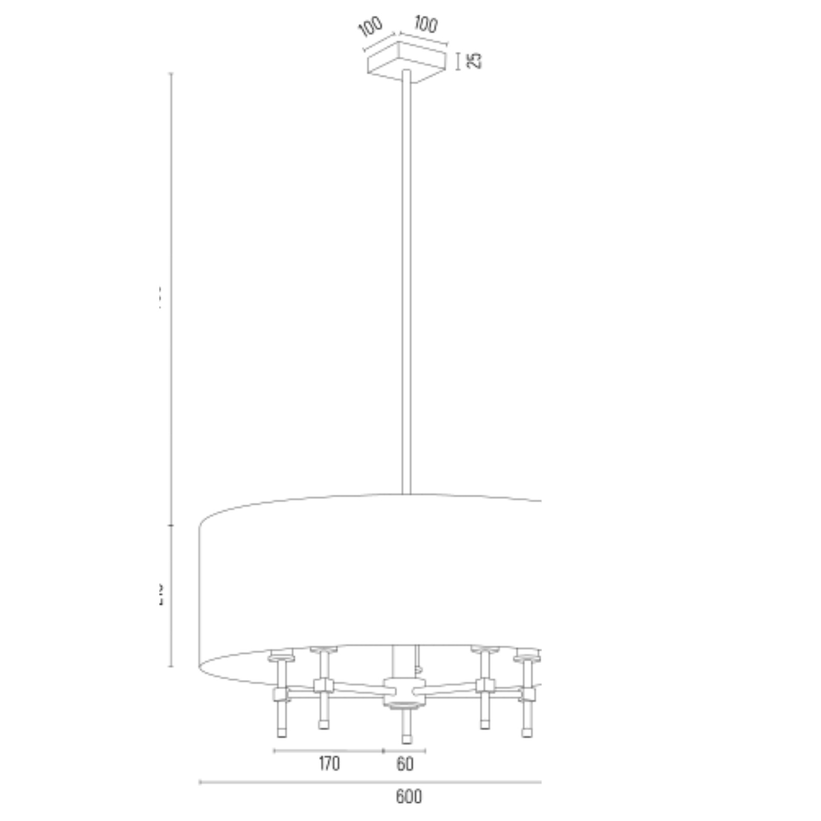 Abano Drum Chandelier, 5 Lamps, Brushed Brass, Round Black Lampshade, 60cm — view 4