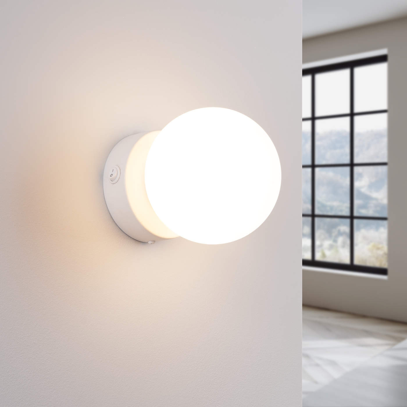 Olie White Wall Light, White Glass Globe, Metal, 1 Lamp, 14cm Wide